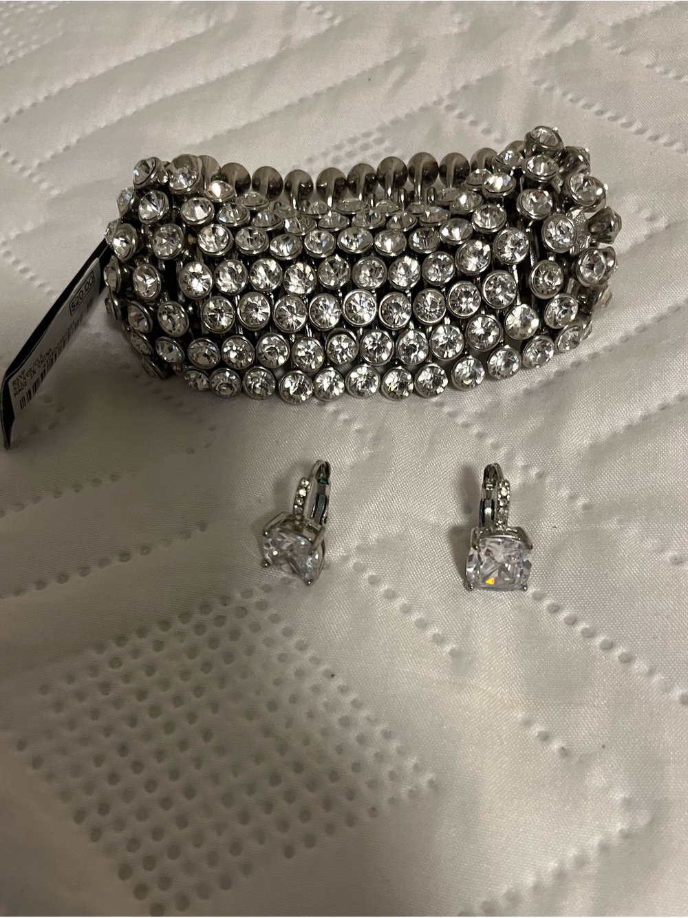 Silver Crystal Stretch Bracelet and Drop Earrings - Women's Jewelry
